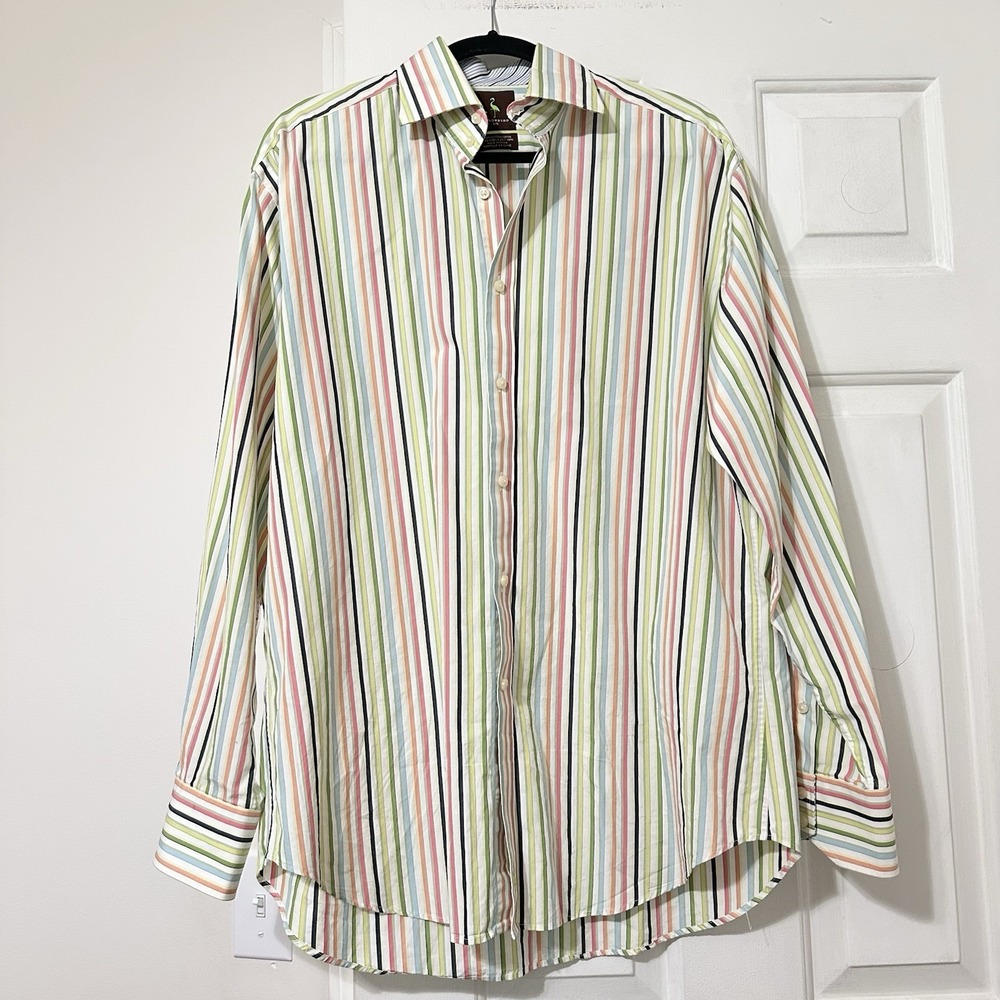 Tailorbyrd Button Up Shirt Mens Sz Large Pastel Striped Long Sleeve Flip Cuff‎